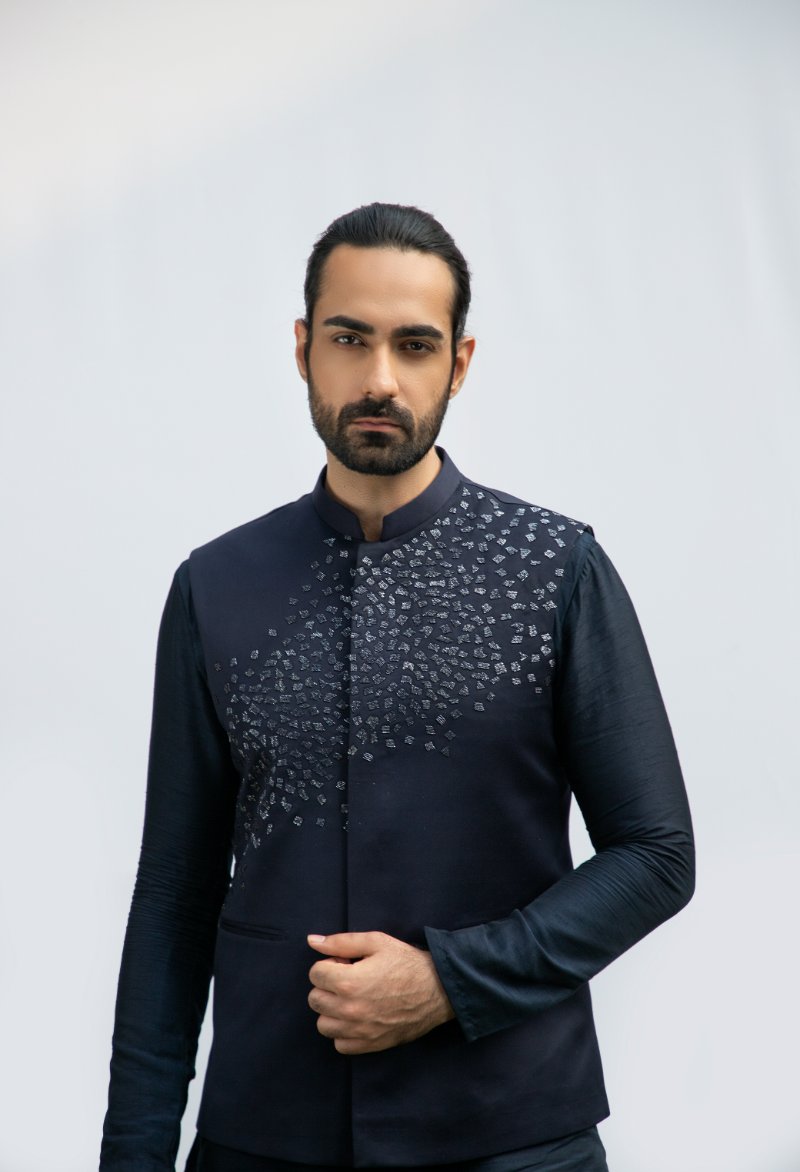 Navy Blue Asymmetrical Kurta Set With Navy Blue Embellished Bundi