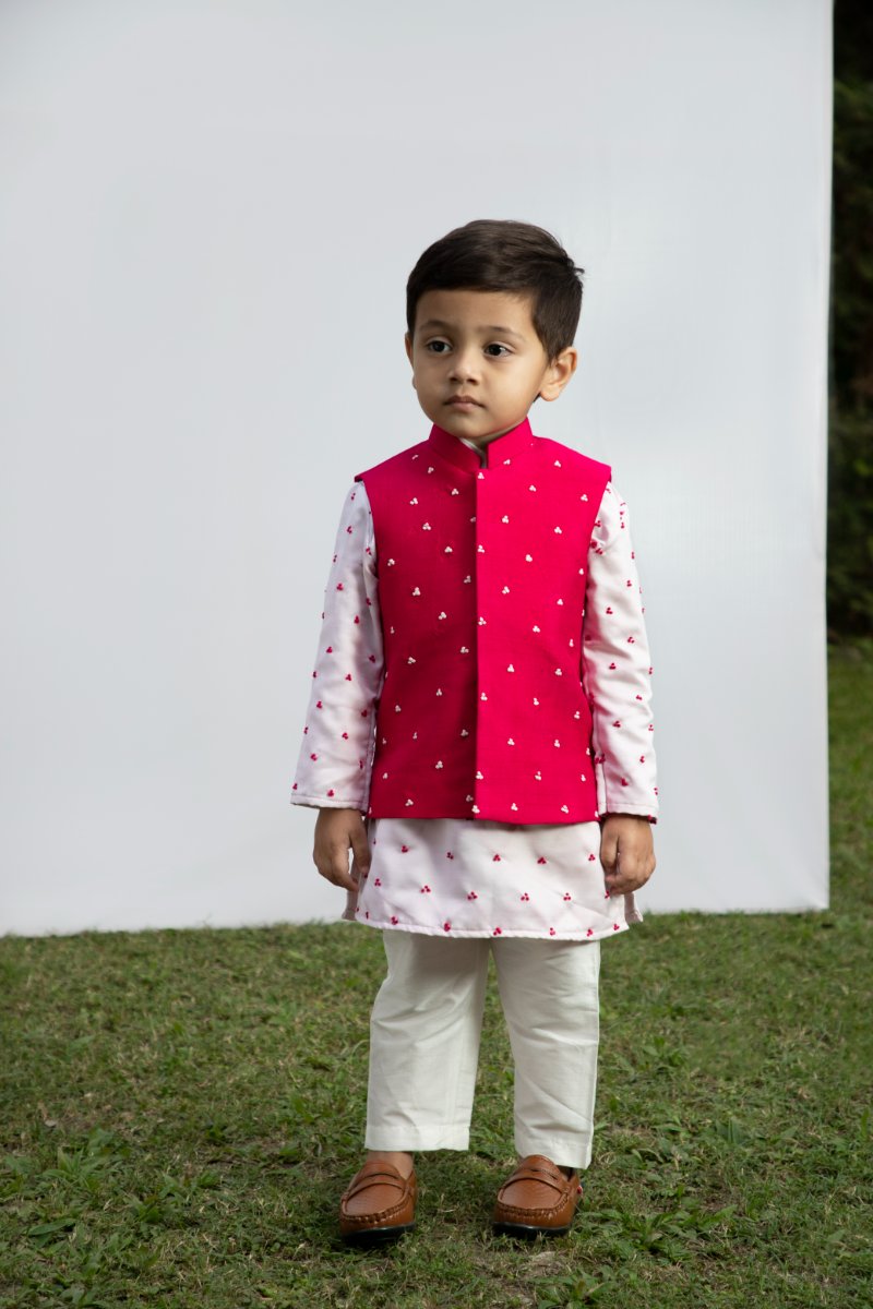 Kids Pink Knots Kurta With Bundi Set