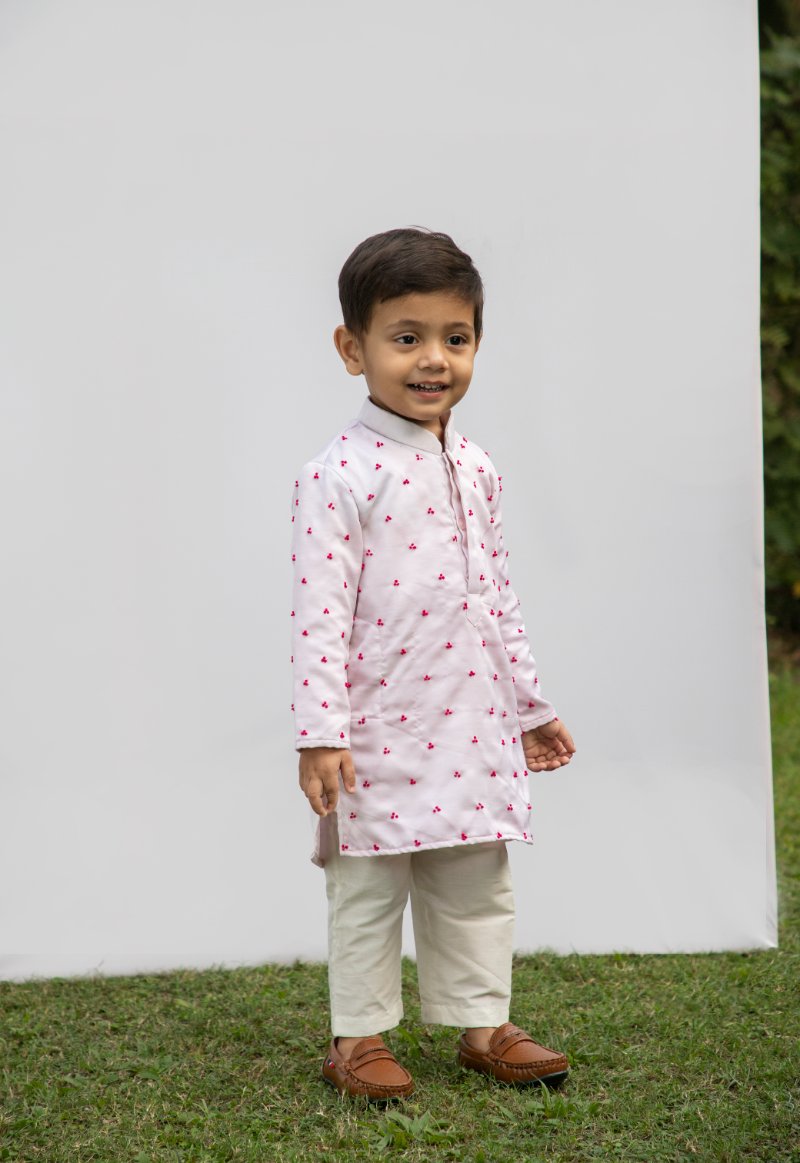 Kids Pink Knots Kurta With Bundi Set