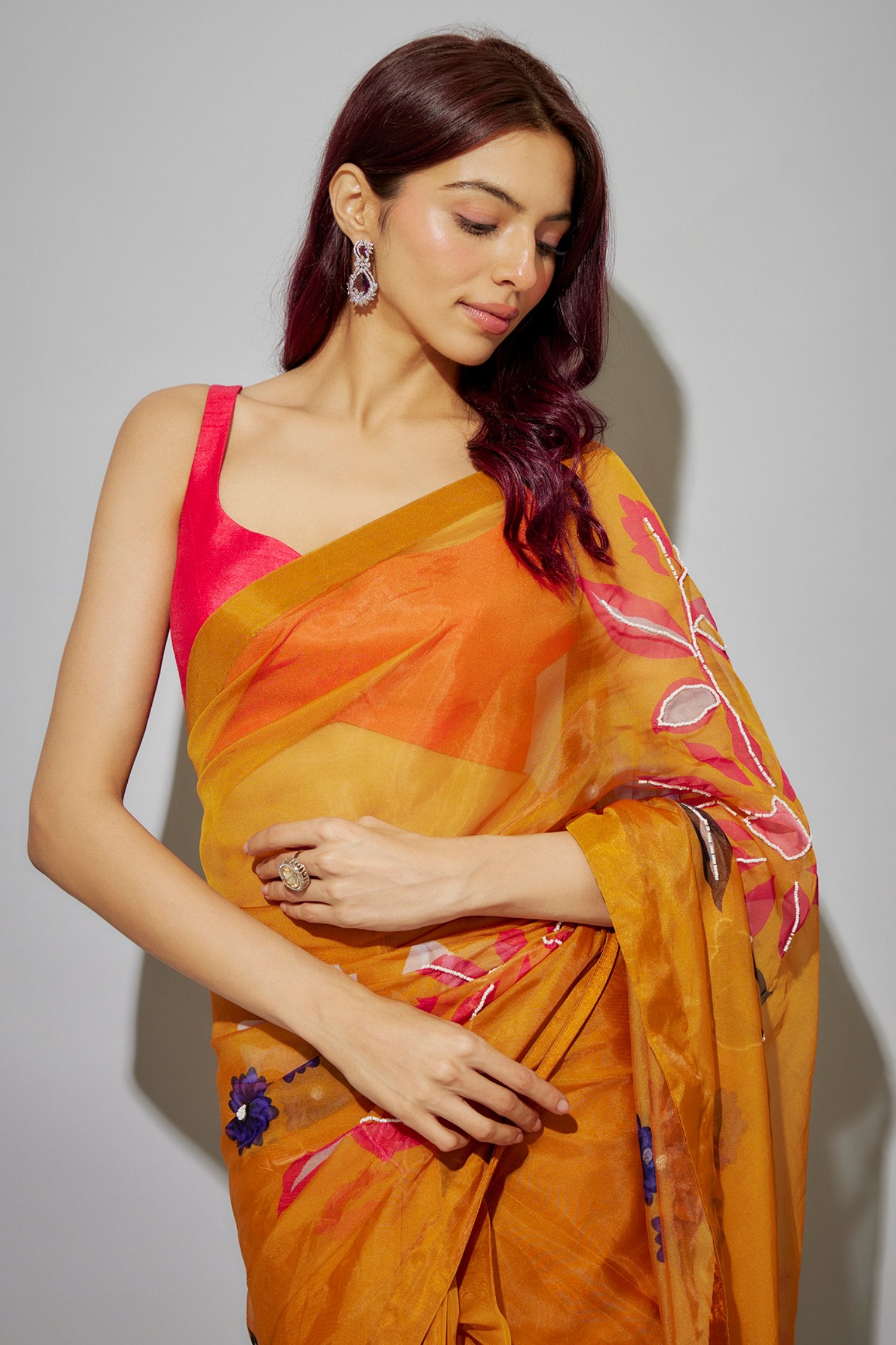 Mustard Organza Printed Pre-Draped Saree Set